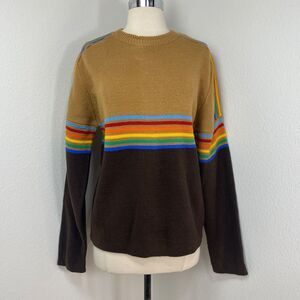 Vintage 70s Silton Tan & Brown Striped Sweater Med Crew Long Sleeves Hippie Rad